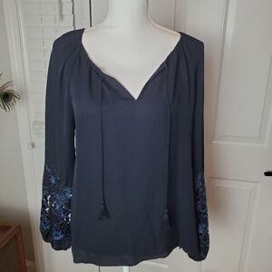 Elie Tahari‎ Blouse Womens Small Black Silk Balloon Sleeve Blue Crochet detail